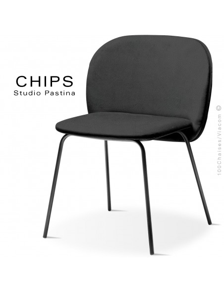 Chaise design CHIPS-M, piétement acier noir, assise et dossier habillage cuir 1017noir.