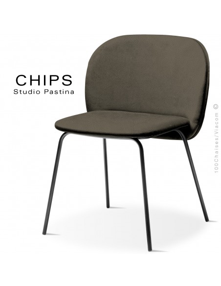 Chaise design CHIPS-M, piétement acier noir, assise et dossier habillage cuir 1027marron.
