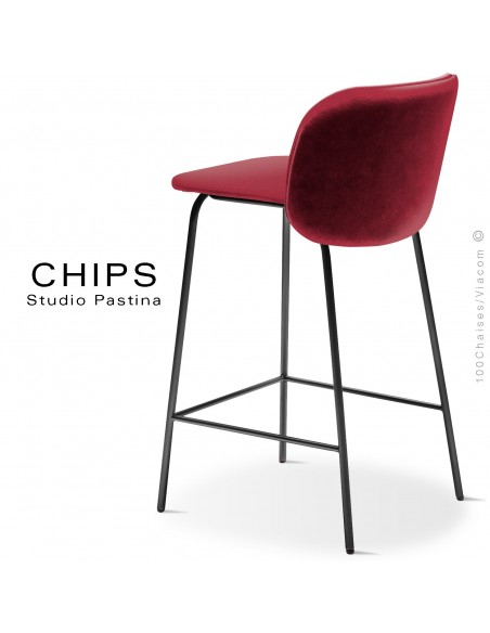 Tabouret de cuisine design CHIPS-M-SG-65, piétement acier noir, assise et dossier habillage cuir 1009rouge.
