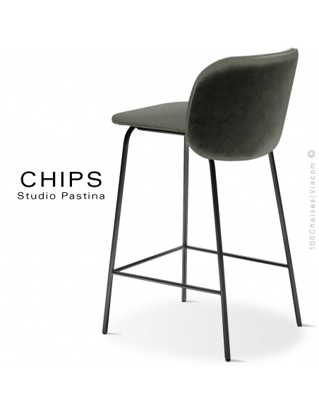 Tabouret de cuisine design CHIPS-M-SG-65, piétement acier noir, assise et dossier habillage cuir 1012kaki.