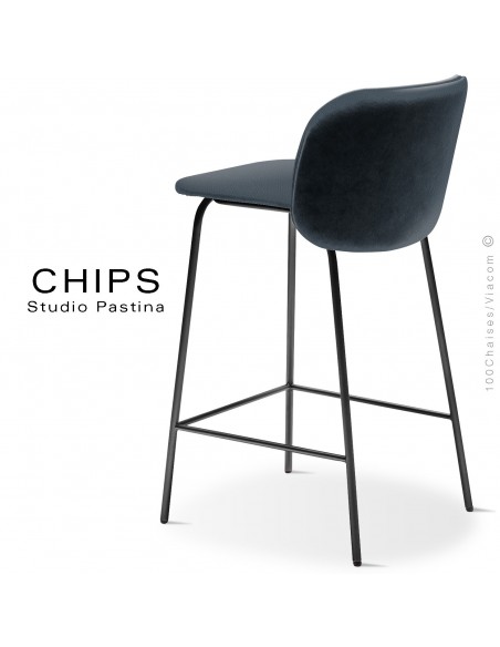 Tabouret de cuisine design CHIPS-M-SG-65, piétement acier noir, assise et dossier habillage cuir 1014bleu.