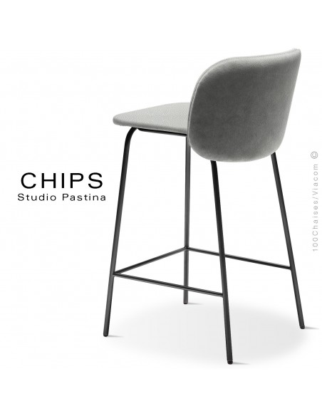 Tabouret de cuisine design CHIPS-M-SG-65, piétement acier noir, assise et dossier habillage cuir 1015gris.
