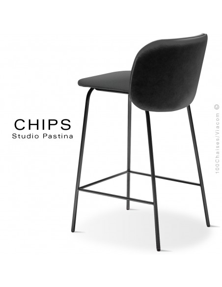 Tabouret de cuisine design CHIPS-M-SG-65, piétement acier noir, assise et dossier habillage cuir 1017noir.