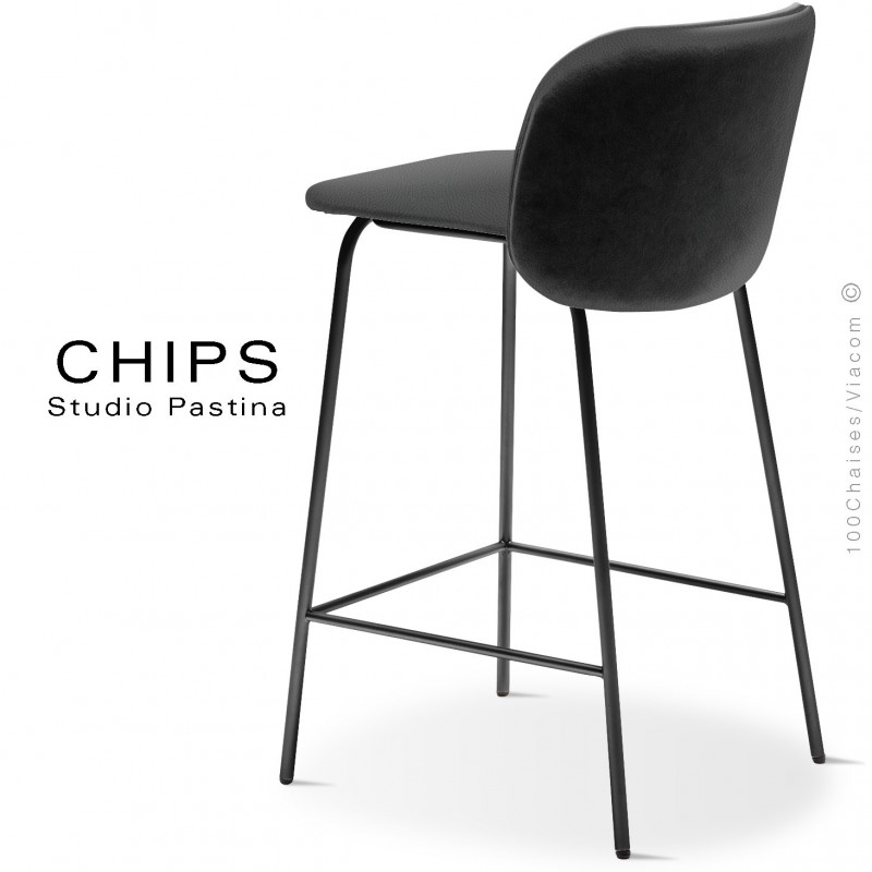 Tabouret de cuisine design CHIPS-M-SG-65, piétement acier noir, assise et dossier habillage cuir 1017noir.