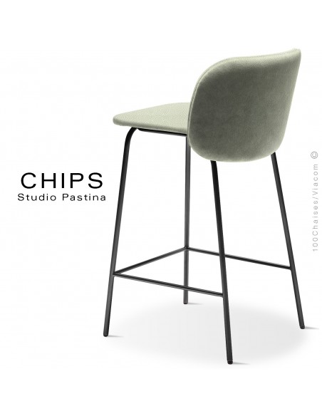 Tabouret de cuisine design CHIPS-M-SG-65, piétement acier noir, assise et dossier habillage cuir 1025vertclair.