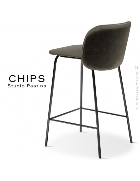 Tabouret de cuisine design CHIPS-M-SG-65, piétement acier noir, assise et dossier habillage cuir 1027marron.