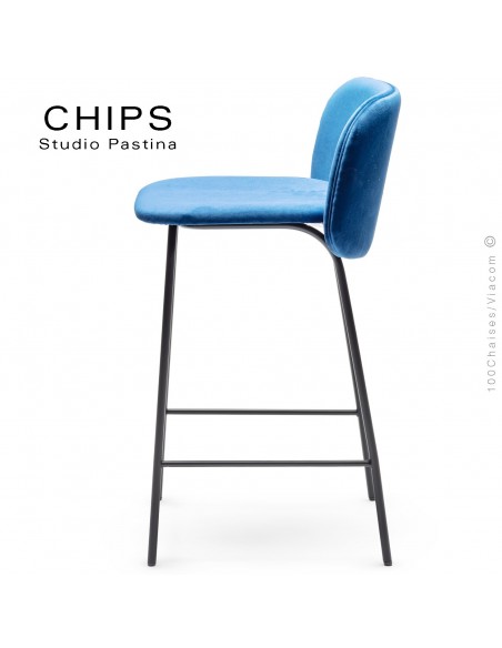 Tabouret de cuisine design CHIPS-M-SG-65, piétement acier, assise et dossier habillage cuir.