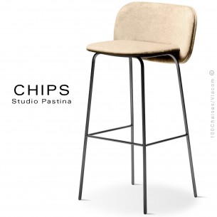 Tabouret de bar design CHIPS-M-SG-80, piétement acier noir, assise et dossier habillage cuir 1003crème.