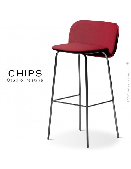 Tabouret de bar design CHIPS-M-SG-80, piétement acier noir, assise et dossier habillage cuir 1009rouge.