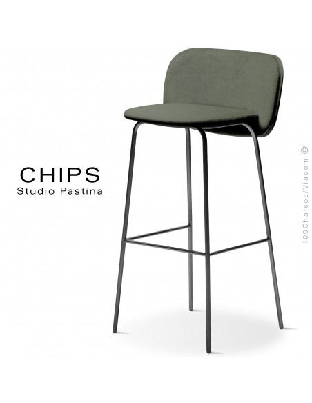 Tabouret de bar design CHIPS-M-SG-80, piétement acier noir, assise et dossier habillage cuir 1012kaki.