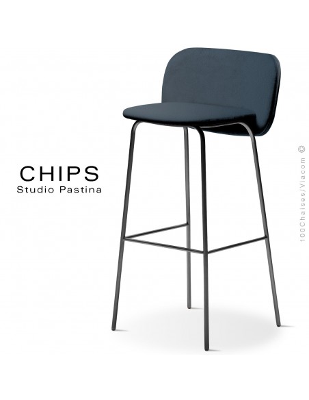 Tabouret de bar design CHIPS-M-SG-80, piétement acier noir, assise et dossier habillage cuir 1014bleu.