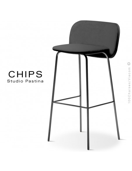 Tabouret de bar design CHIPS-M-SG-80, piétement acier noir, assise et dossier habillage cuir 1017noir.