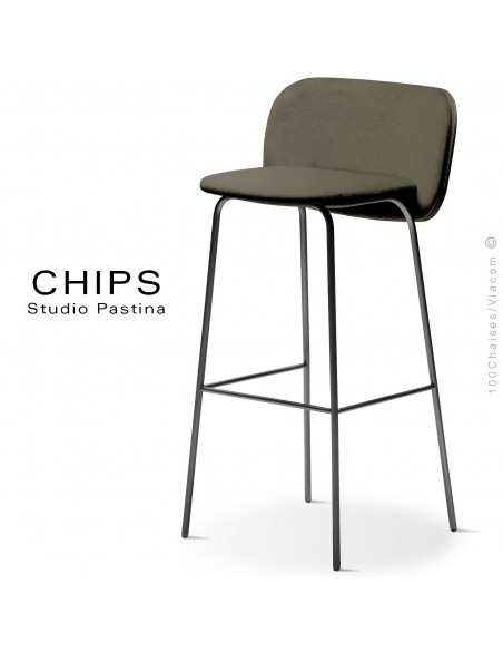 Tabouret de bar design CHIPS-M-SG-80, piétement acier noir, assise et dossier habillage cuir 1027marron.
