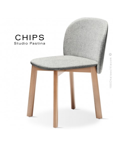 Chaise design CHIPS-S, piétement bois hêtre, assise et dossier habillage tissu 101crème.