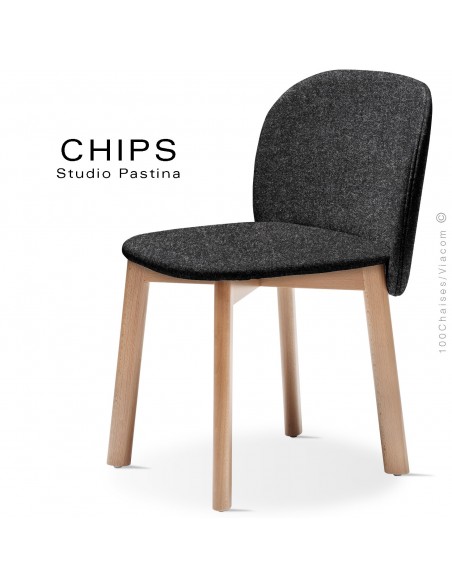 Chaise design CHIPS-S, piétement bois hêtre, assise et dossier habillage tissu 200noirfoncé.
