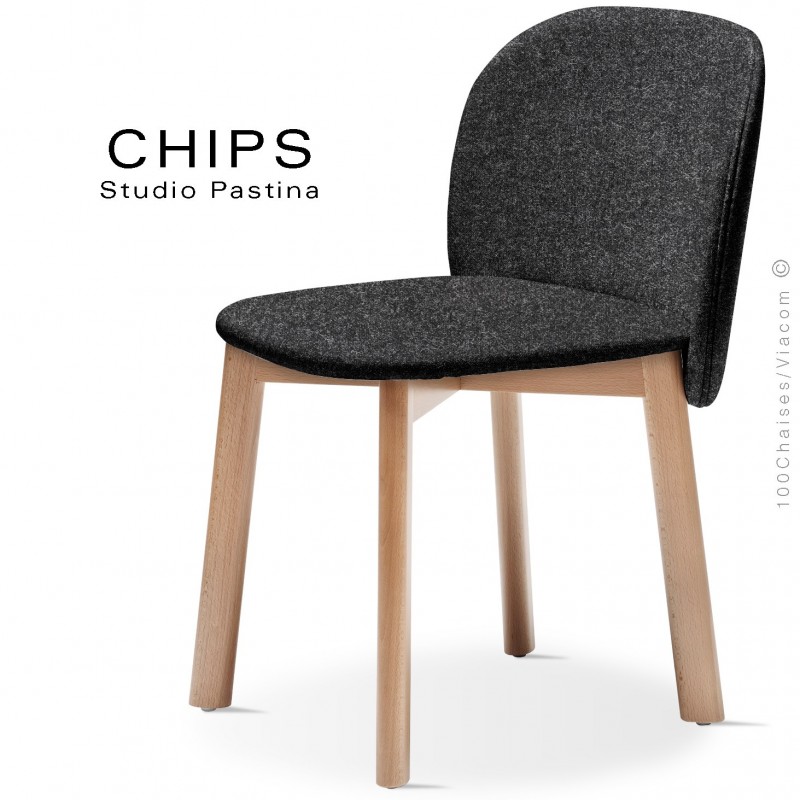 Chaise design CHIPS-S, piétement bois hêtre, assise et dossier habillage tissu 200noirfoncé.