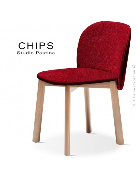 Chaise design CHIPS-S, piétement bois hêtre, assise et dossier habillage tissu 305rouge.