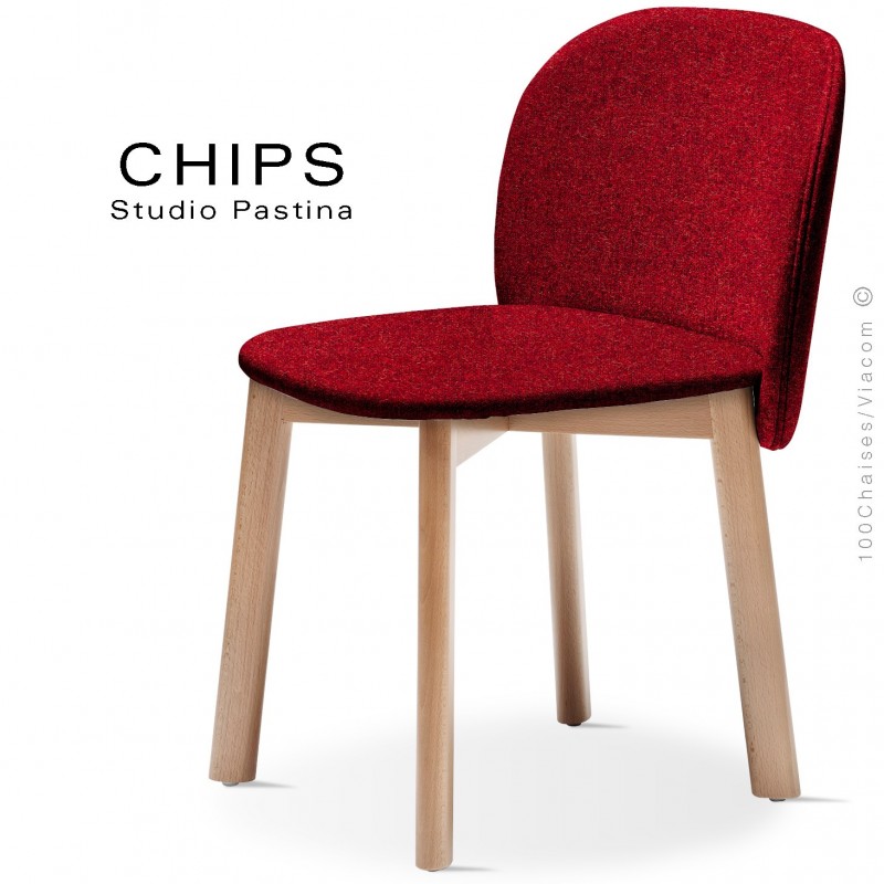 Chaise design CHIPS-S, piétement bois hêtre, assise et dossier habillage tissu 305rouge.