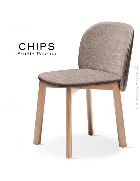 Chaise design CHIPS-S, piétement bois hêtre, assise et dossier habillage tissu 402marron.