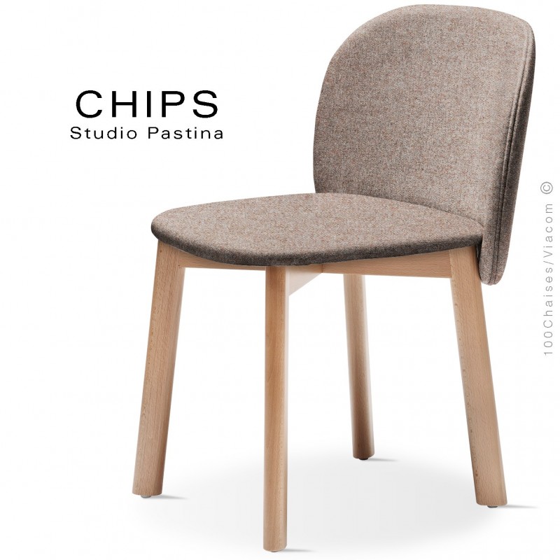Chaise design CHIPS-S, piétement bois hêtre, assise et dossier habillage tissu 402marron.