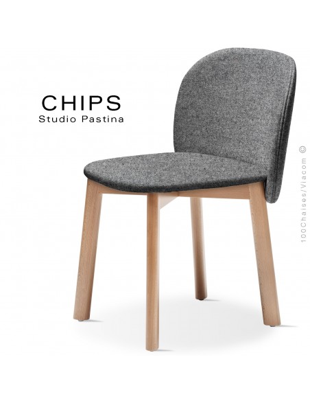 Chaise design CHIPS-S, piétement bois hêtre, assise et dossier habillage tissu 600gris.