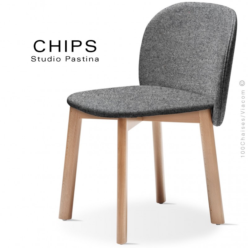 Chaise design CHIPS-S, piétement bois hêtre, assise et dossier habillage tissu 600gris.