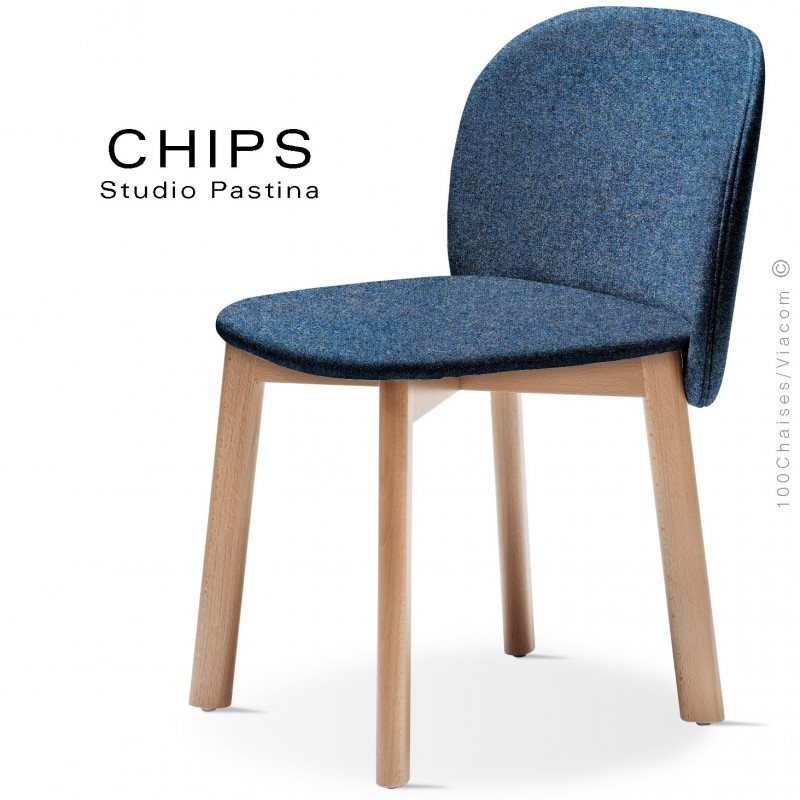 Chaise design CHIPS-S, piétement bois hêtre, assise et dossier habillage tissu 700bleu.