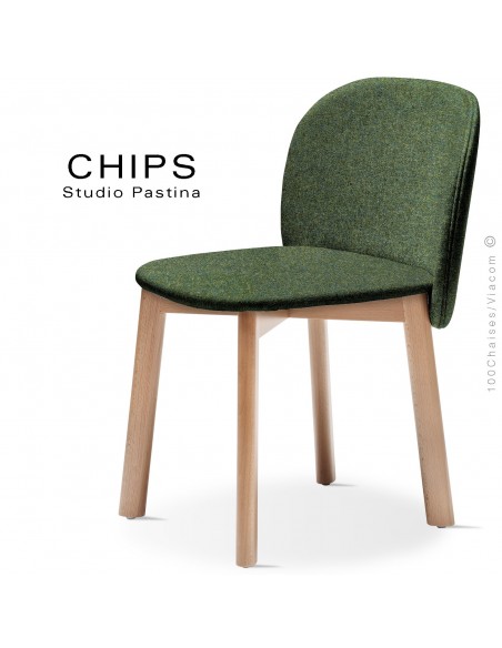Chaise design CHIPS-S, piétement bois hêtre, assise et dossier habillage tissu 800vert.