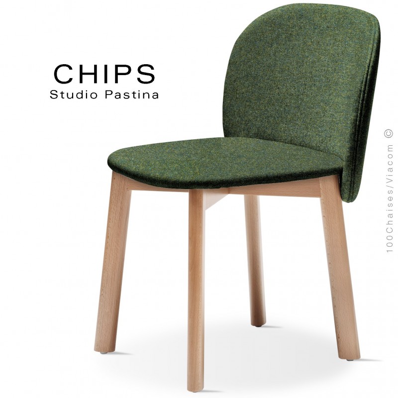 Chaise design CHIPS-S, piétement bois hêtre, assise et dossier habillage tissu 800vert.