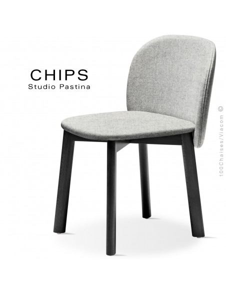 Chaise design CHIPS-S, piétement bois hêtre laqué noir, assise et dossier habillage tissu 101crème.
