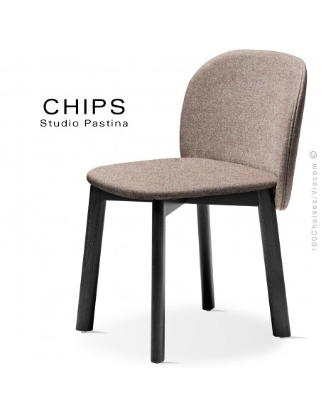 Chaise design CHIPS-S, piétement bois hêtre laqué noir, assise et dossier habillage tissu 402marron.