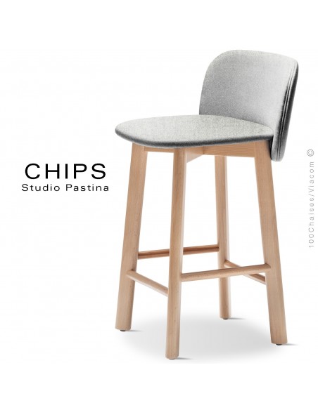 Tabouret de cuisine design CHIPS-SG-65, piétement bois hêtre, assise et dossier habillage tissu 101crème.