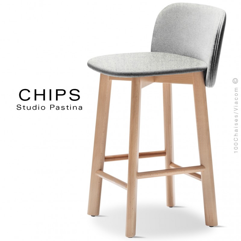 Tabouret de cuisine design CHIPS-SG-65, piétement bois hêtre, assise et dossier habillage tissu 101crème.