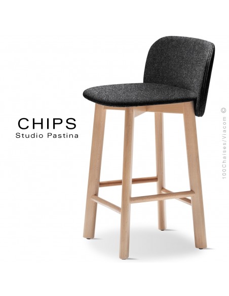 Tabouret de cuisine design CHIPS-SG-65, piétement bois hêtre, assise et dossier habillage tissu 200noirFoncé.