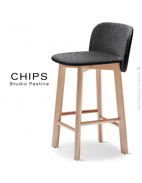 Tabouret de cuisine design CHIPS-SG-65, piétement bois hêtre, assise et dossier habillage tissu 201noirclair.