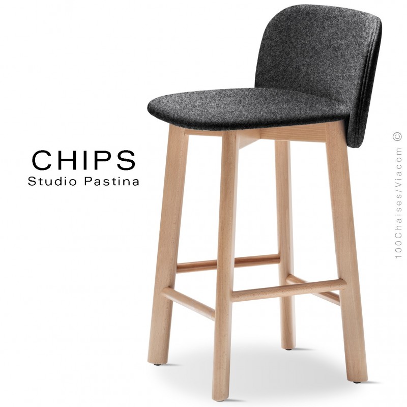 Tabouret de cuisine design CHIPS-SG-65, piétement bois hêtre, assise et dossier habillage tissu 201noirclair.