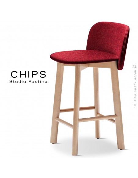 Tabouret de cuisine design CHIPS-SG-65, piétement bois hêtre, assise et dossier habillage tissu 305rouge.