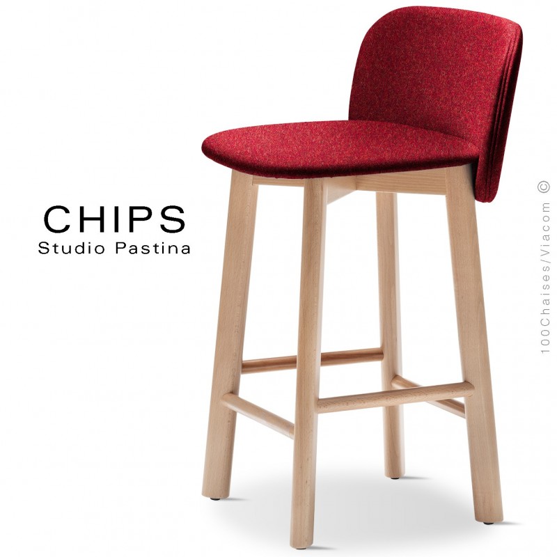 Tabouret de cuisine design CHIPS-SG-65, piétement bois hêtre, assise et dossier habillage tissu 305rouge.