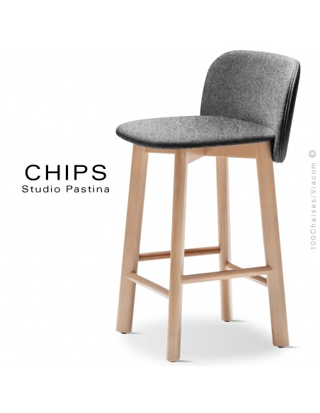 Tabouret de cuisine design CHIPS-SG-65, piétement bois hêtre, assise et dossier habillage tissu 600gris.