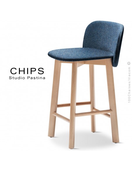 Tabouret de cuisine design CHIPS-SG-65, piétement bois hêtre, assise et dossier habillage tissu 700bleu.