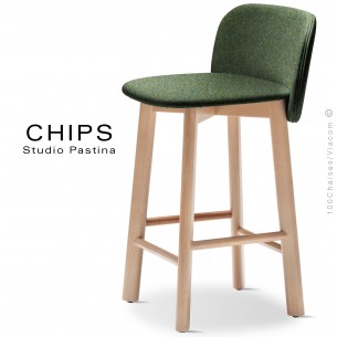 Tabouret de cuisine design CHIPS-SG-65, piétement bois hêtre, assise et dossier habillage tissu 800vert.