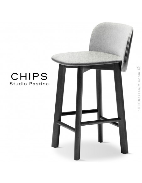 Tabouret de cuisine design CHIPS-SG-65, piétement bois hêtre laqué noir, assise et dossier habillage tissu 101crème.