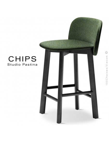 Tabouret de cuisine design CHIPS-SG-65, piétement bois hêtre laqué noir, assise et dossier habillage tissu 800vert.