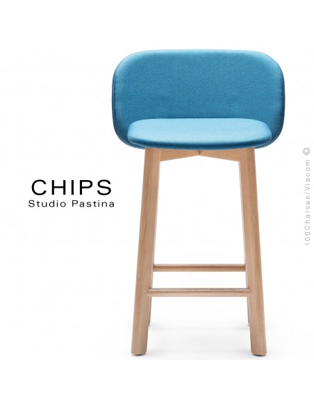 Tabouret de cuisine design CHIPS-SG-65, piétement bois, assise et dossier habillage tissu.