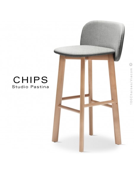 Tabouret de bar design CHIPS-SG-80, piétement bois hêtre, assise et dossier habillage tissu 101crème.