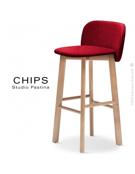 Tabouret de bar design CHIPS-SG-80, piétement bois hêtre, assise et dossier habillage tissu 305rouge.