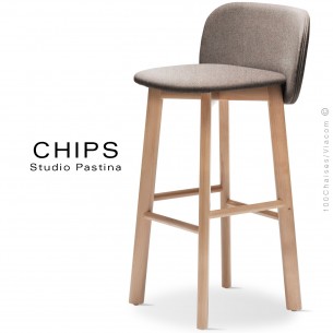 Tabouret de bar design CHIPS-SG-80, piétement bois hêtre, assise et dossier habillage tissu 402marron.