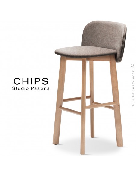 Tabouret de bar design CHIPS-SG-80, piétement bois hêtre, assise et dossier habillage tissu 402marron.