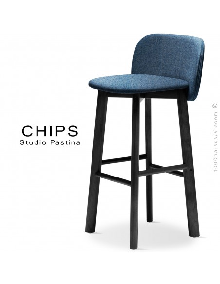 Tabouret de bar design CHIPS-SG-80, piétement bois noir, assise et dossier habillage tissu 700bleu.