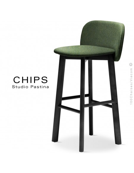 Tabouret de bar design CHIPS-SG-80, piétement bois noir, assise et dossier habillage tissu 800vert.